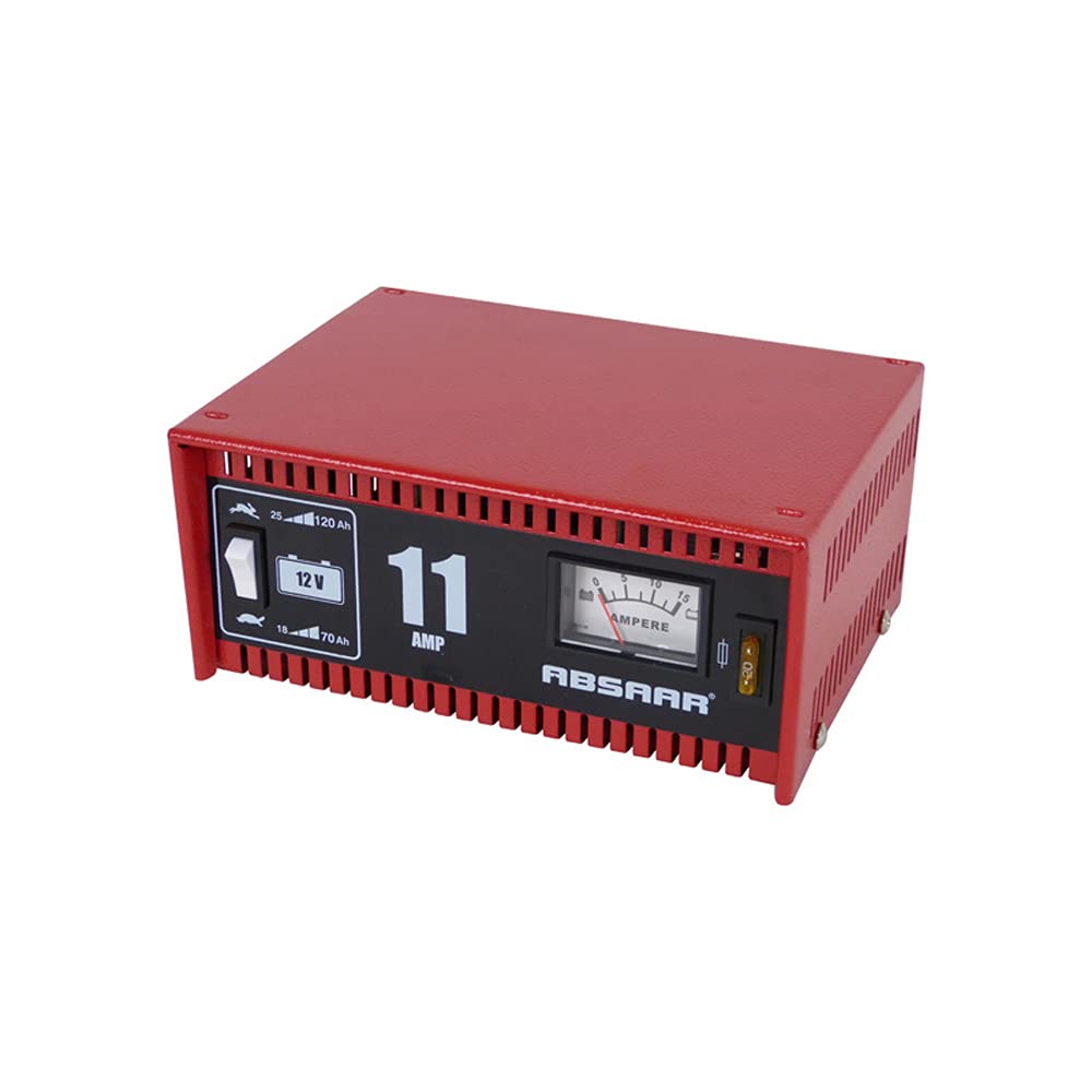 Absaar 77906 Batterieladegerät Werkstattladegerät 11A 12V, für 25 Ah - 120 Ah Batterien, rot/schwarz, 11:00:00 von Absaar