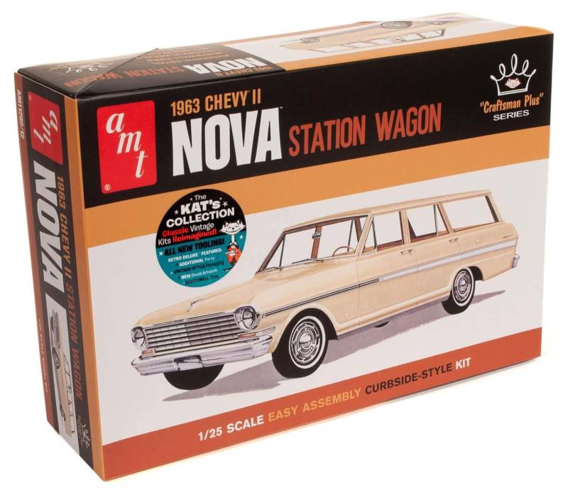 Round 2 AMT 1963 Chevy II Nova Station Wagon Craftsman Plus Series Modellbausatz im Maßstab 1:25, Weiß von AMT