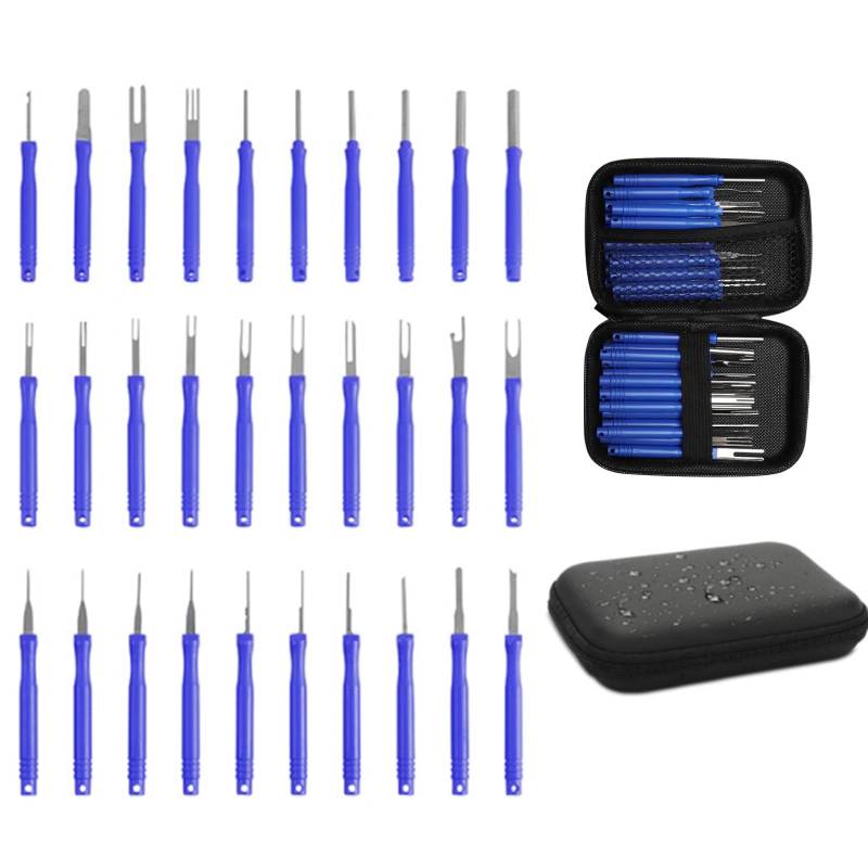 Unpoten Auspinwerkzeug 30 StüCk Auspinnwerkzeug Kfz Set Blau Entriegelungswerkzeug Auto Kabel Stecker Ausbau Werkzeug Pin Removal Tool Kit Mit Werkzeugtasche FüR Meisten Anschlussklemmen von Unpoten