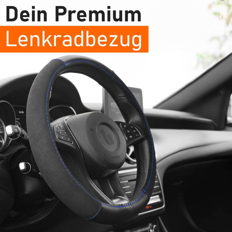 Upgrade4cars Lenkradbezug Alcantara Look Schwarz Blau | Lenkradhülle in Leder Optik | Universal Lenkradschutz 37-39 cm | Autozubehör Innenraum Deko | Geschenk für Frauen & Männer von Upgrade4cars