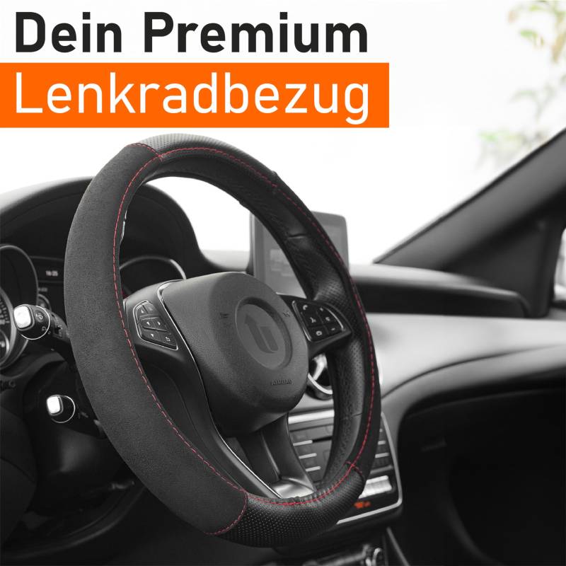 Upgrade4cars Lenkradbezug Alcantara Look Schwarz Rot | Lenkradhülle in Leder Optik | Universal Lenkradschutz 37-39 cm | Autozubehör Innenraum Deko | Geschenk für Frauen & Männer von Upgrade4cars