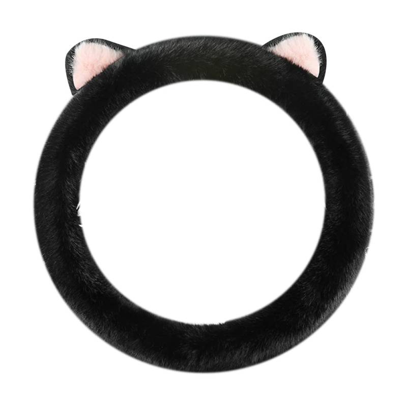 Auto Lenkradabdeckung, 38CM Universal Auto Lenkradhülle Lenkrad Abdeckung Nette Katze Ohr Plüsch Winter Anti Rutsch Warme Lenkradhülle Lenkradschoner Auto Zubehör für Frauen,Schwarz Rosa von Uposao