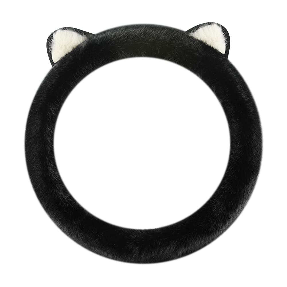 Uposao 38CM Universal Auto Lenkradhülle Lenkrad Abdeckung Nette Katze Ohr Plüsch Winter Anti Rutsch Warme Lenkradhülle Lenkradschoner Auto Zubehör für Frauen, Schwarz von Uposao