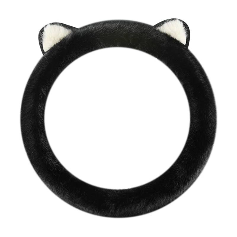 Auto Lenkradabdeckung, 38CM Universal Auto Lenkradhülle Lenkrad Abdeckung Nette Katze Ohr Plüsch Winter Anti Rutsch Warme Lenkradhülle Lenkradschoner Auto Zubehör für Frauen,Schwarz von Uposao