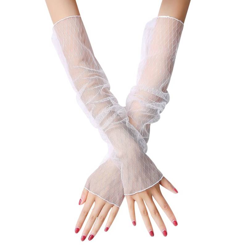 Uposao Handschuhe für Damen, Sommer Elegant Spitze Lang Handschuhe Armstulpen Sonnenschutz Fingerlose Handstulpen Hochzeit Brautstulpen Fahrhandschuhe für Hochzeit Party Karneval,Weiß #2 von Uposao