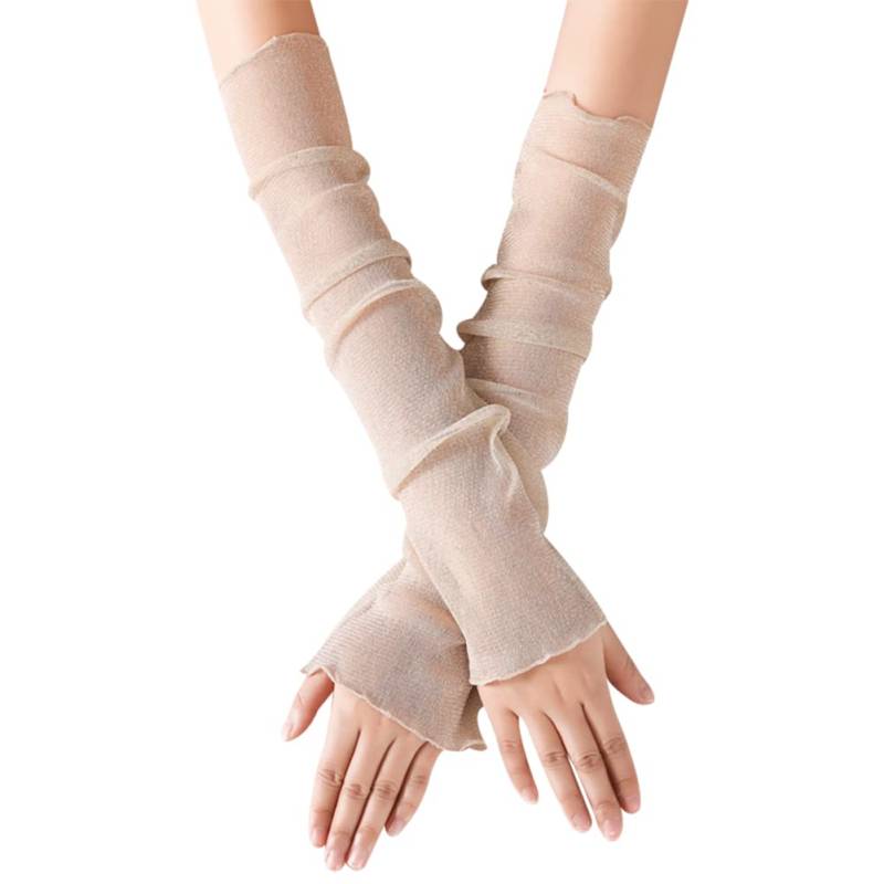 Uposao Handschuhe für Damen, Sommer Elegant Spitze Lang Handschuhe Armstulpen Sonnenschutz Fingerlose Fahrradhandschuhe Opern Party Handschuhe Handschuhe für Radfahren,Laufen,Golf,Fahren,Beige von Uposao