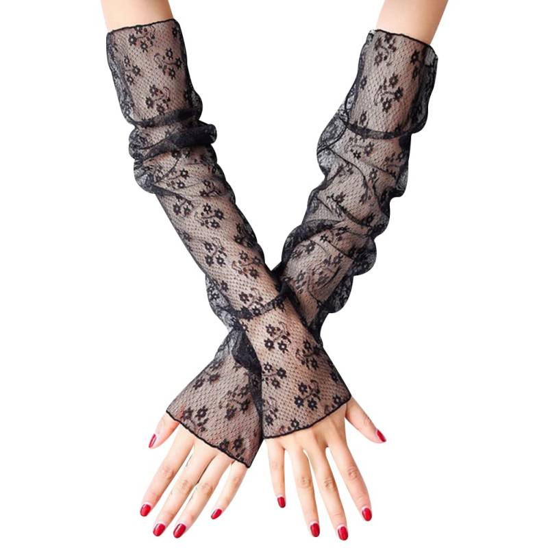 Uposao Handschuhe für Damen, Sommer Elegant Spitze Lang Handschuhe Armstulpen Sonnenschutz Fingerlose Handstulpen Hochzeit Brautstulpen Fahrhandschuhe für Hochzeit Party Karneval,Blumen Schwarz von Uposao