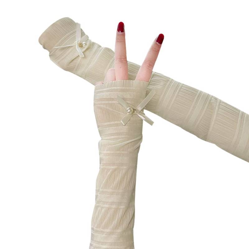 Uposao Spitze Fingerlose Handschuhe,UV-Sonnenschutz Spitze Perle Armstulpen Elastische Atmungsaktiv Sommer Armstulpe Handstulpen Fahrradhandschuhe für Frauen Radsport Golf Radfahren für Damen,Beige von Uposao