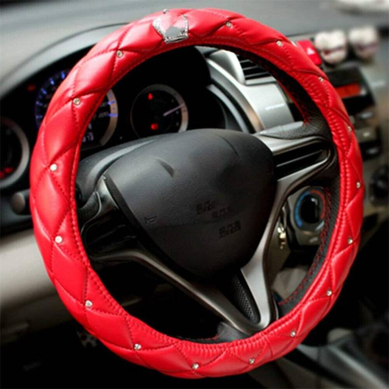 Uposao Strass Auto Lenkradbezug, Universal 38cm 15" Auto Lenkradhülle mit Krone Bling Bling Glitzer Kristall Diamant Anti Rutsch Microfiber Leder Lenkradbezug Lenkradschoner für Damen Mädchen,Rot von Uposao