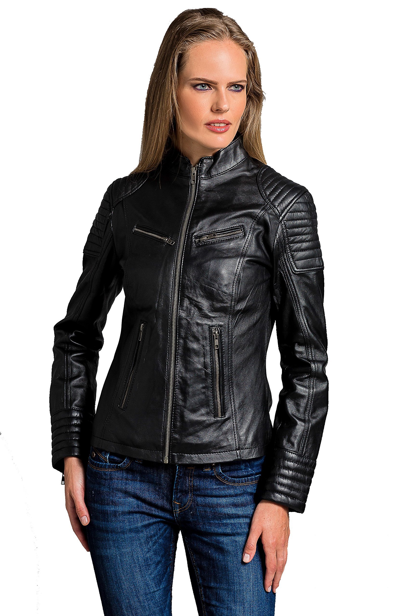 Urban Leather Damen Damen fashion jacke Angelina Biker, Schwarz, 5XL Angelina biker, Schwarz, 5X-Large (Herstellergröße: 5X-Large) von Urban Leather