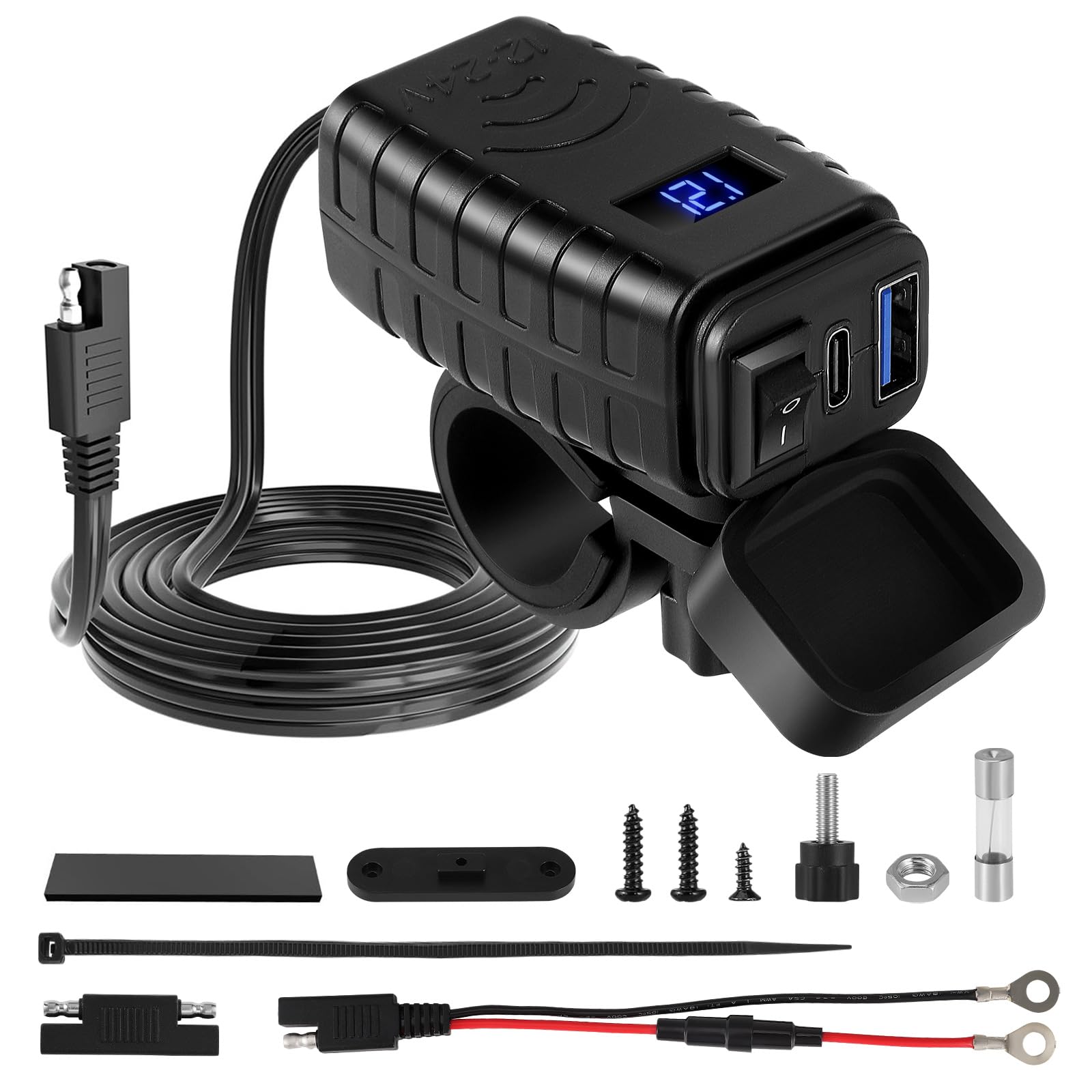 USB Steckdose Motorrad, Steckdose Auto Ladegerät, 48W Motorrad USB Ladegerät, QC3.0 USB PD Type-C Steckdose mit EIN-/Ausschalter und LED-Spannungsmesser für KFZ Wohnmobil Motorrad Boot Yacht von UrbanHomes