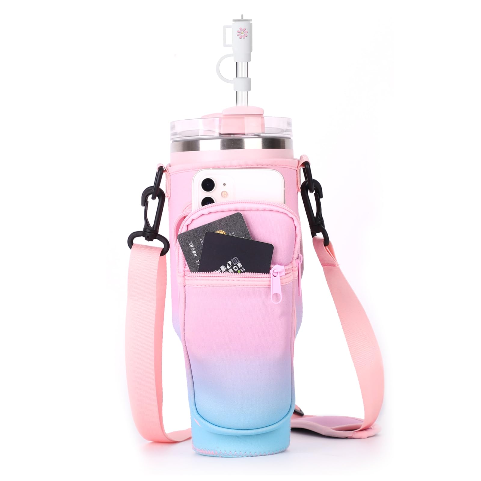 Utapossin Tragetasche für Cup 40oz, Cup Accessories, Cup Zubehör Tasche Schicke Trinkflasche Halter mit Riemen & Handy-Tasche und 1 Stück Cup Strohhalm Abdeckung (rosa) von Utapossin