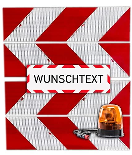 UvV Rundum Kennleuchte orange magnetisch + 4 x 3M-Folien magnetische Kfz-Warnmarkierung Typ 823 + 45x15 cm Reflex Magnetschild (Halogen + Wunschtext) von UvV