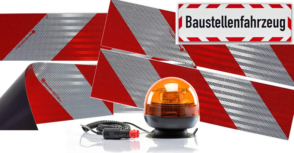 UvV Rundum Kennleuchte orange magnetisch + 4 x 3M-Folien magnetische Kfz-Warnmarkierung (nur für Kfz ohne Alu Flächen) 45x15 cm Reflex Magnetschild (LED + Baustellenfahrzeug) von UvV