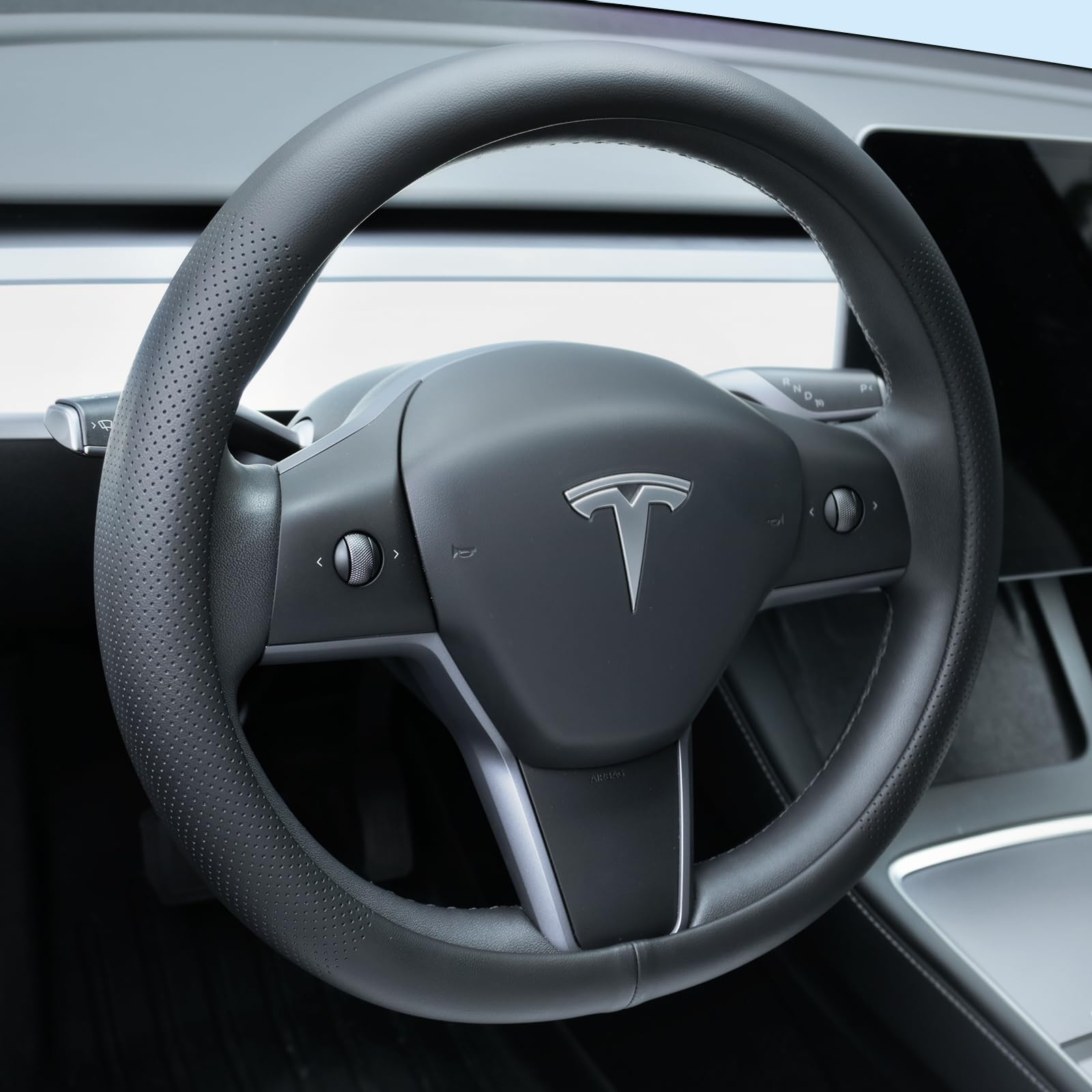 Uxcer Nappa Leder Lenkradbezug für Tesla Model 3/Y 2016-2024 Anti Rutsch Atmungsaktiv Tesla Model 3/Y Lenkradschoner Schwarz von Uxcer