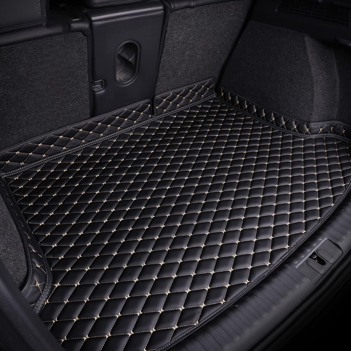 Auto Leder Kofferraummatten für Tesla Model 3 2019-2024, Passgenaue Auto Kofferraummatte Leder Schutzunterlage Auto Kofferraumwanne Schutzmatte,B Black Beige von VALBEL