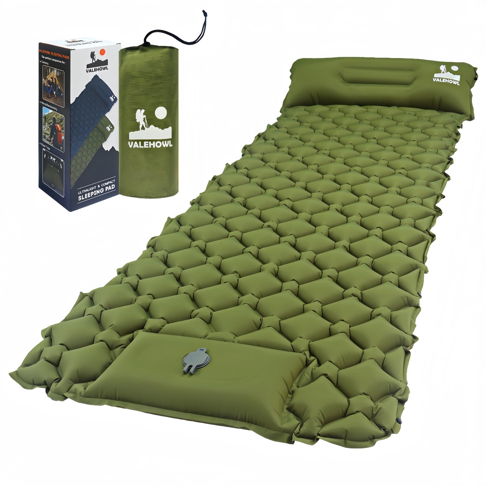 VALEHOWL Isomatte Selbstaufblasend für Camping, 200cm x 70cm Outdoor Aufblasbare Isomatte mit Fußpresse Pumpe und Kissen, Ultraleicht Luftmatratze für Zelt, Reise, Wandern von VALEHOWL