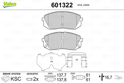 Valeo Bremsbeläge vorne (Satz) [Hersteller-Nr. 601322] für Hyundai, Kia von VALEO