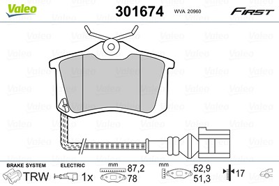 Valeo Bremsbelagsatz, Scheibenbremse [Hersteller-Nr. 301674] für Audi, Seat, Skoda, VW von VALEO