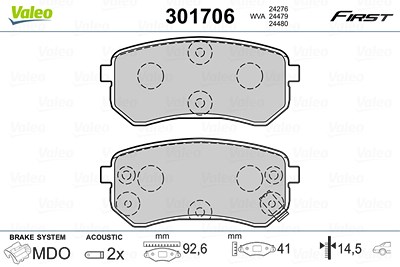 Valeo Bremsbelagsatz, Scheibenbremse [Hersteller-Nr. 301706] für Hyundai, Kia von VALEO