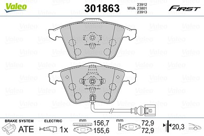 Valeo Bremsbelagsatz, Scheibenbremse [Hersteller-Nr. 301863] für Audi, Seat, Skoda, VW von VALEO