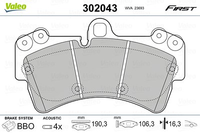 Valeo Bremsbelagsatz, Scheibenbremse [Hersteller-Nr. 302043] für Audi, Porsche, VW von VALEO