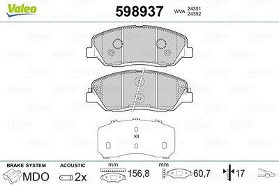 Valeo Bremsbelagsatz, Scheibenbremse [Hersteller-Nr. 598937] für Hyundai, Kg Mobility, Kia, Ssangyong von VALEO