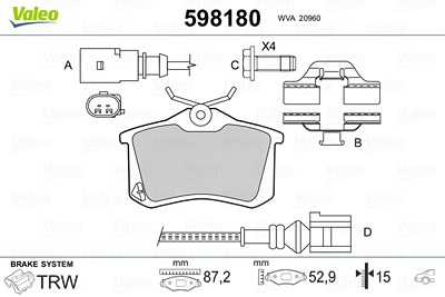 Valeo Bremsbelagsatz Hinterachse [Hersteller-Nr. 598180] für Audi, Peugeot, Renault, Seat, Skoda, VW von VALEO