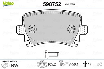 Valeo Bremsbelagsatz Hinterachse [Hersteller-Nr. 598752] für Skoda, VW, Audi, Seat von VALEO