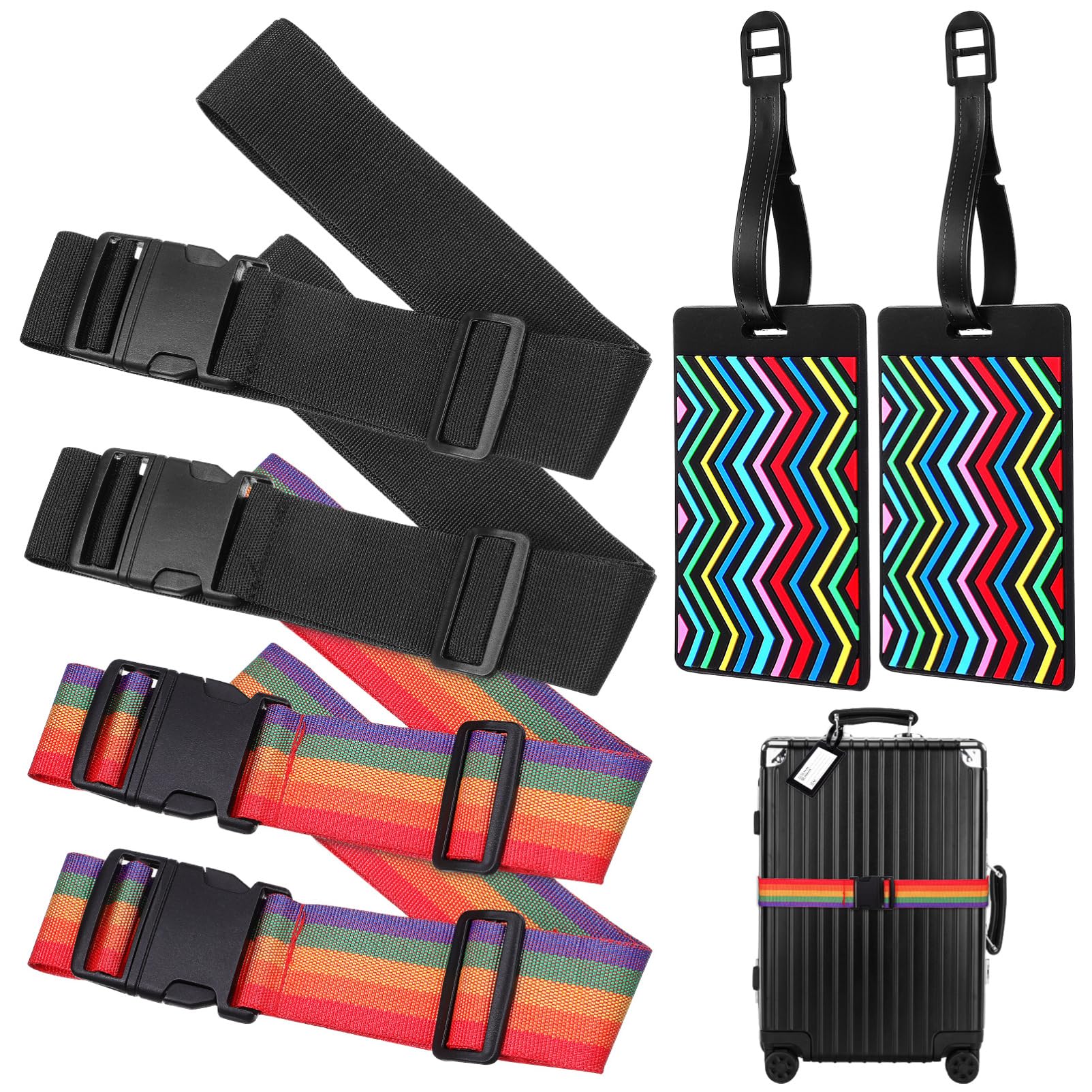 VALICLUD 4er Set Koffergurte Verstellbar Mit Gepäckanhängern 2 Bunte Regenbogen Und 2 Schwarze Kofferbänder Für Reisetaschen Ideal Für Sicheres Reisen Und Identifikation Von Gepäck von VALICLUD