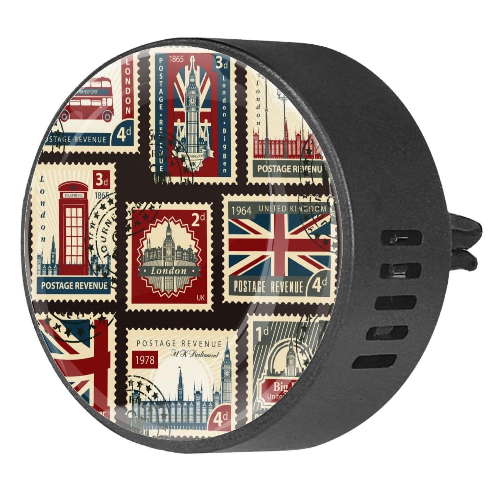 VAPOKF 2 Stück Lüftungsclips Auto-Lufterfrischer mit Union Jack Big Ben London Briefmarken Drucken, Aromatherapie ätherisches Öl Diffusor von VAPOKF