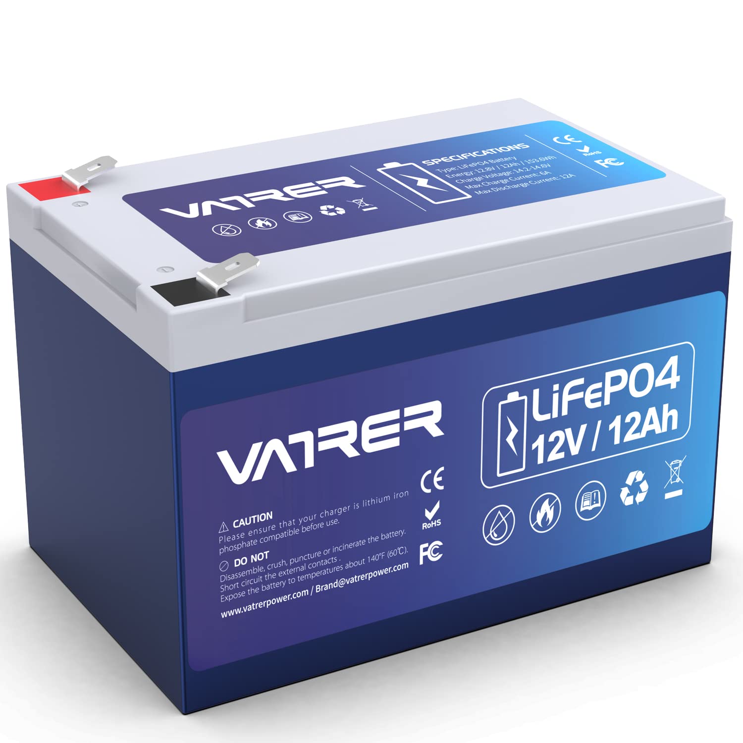 VATRER POWER 12V 12AH LiFePO4 Akku 5000+ Zyklen Wiederaufladbarer Lithium Batterie mit 12A BMS Deep Cycle Lithium-Akku Perfekt für Solarstromanlagen, Kinderroller, Fischfinder von VATRER POWER