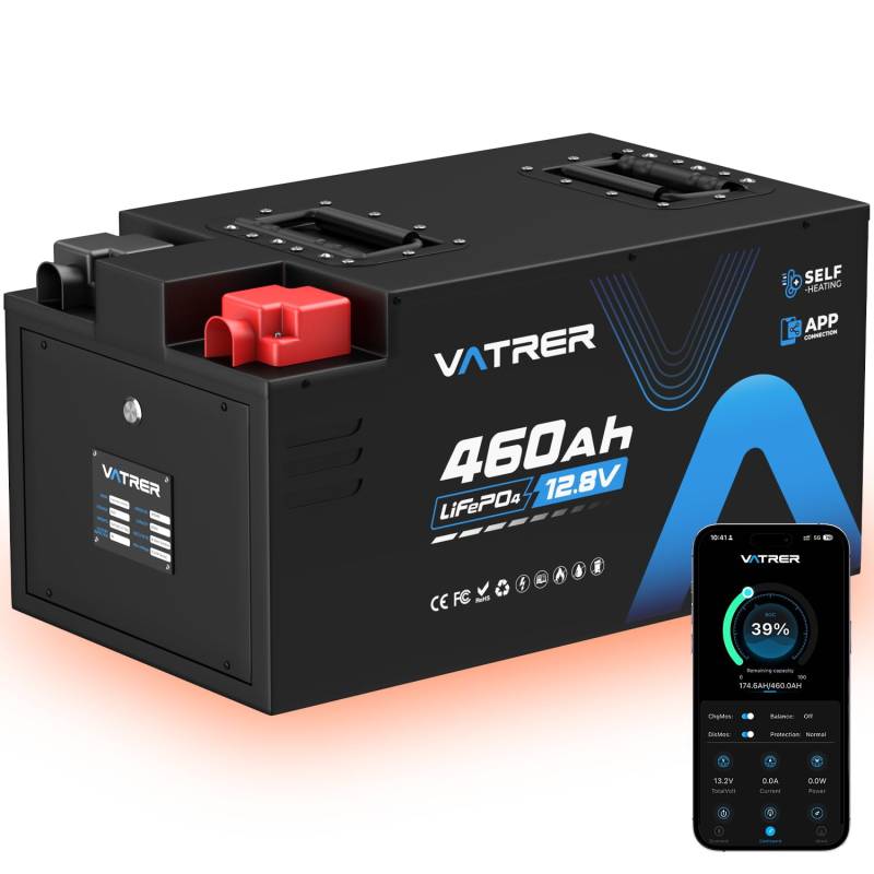 VATRER POWER 12V 460Ah LiFePO4 Selbsterwärmung Lithium Batterie mit 300A BMS mit APP Bluetooth 5000+ Tiefzyklus Lithium Akku, 5888Wh, Max. 3840W Ladeleistung, Perfekt für Wohnmobile, Off-Grid von VATRER POWER