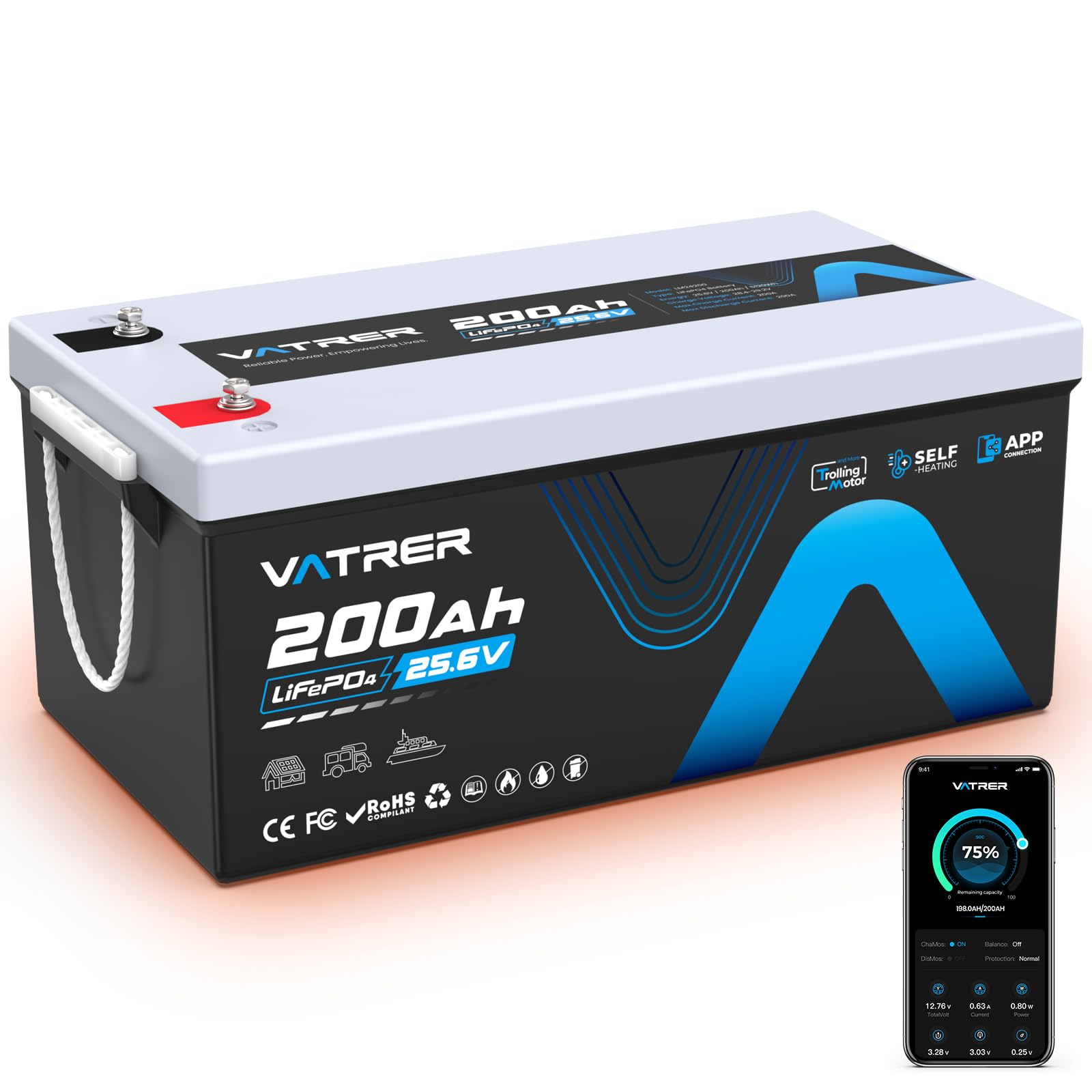 VATRER POWER 24V 200Ah Selbsterwärmung LiFePO4 Lithium Batterie mit 200A BMS -20℃ Tieftemperatur-Ladung 5000 Zyklen Lithium Akku mit Bluetooth Perfekter für Wohnmobil Solar Off-Grid Trolling-Motor von VATRER POWER