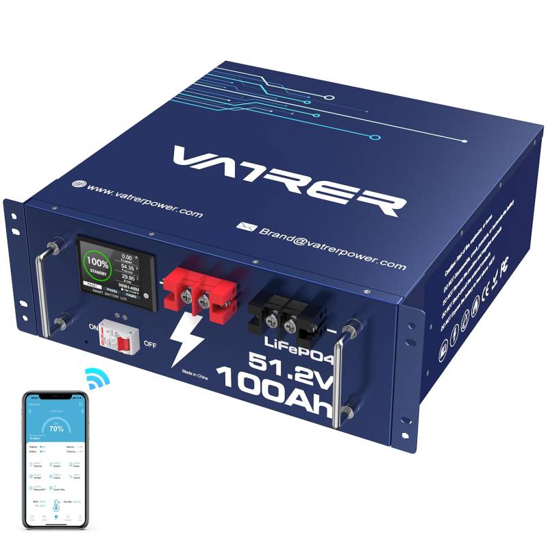 VATRER POWER 51.2V 100AH LiFePO4 Lithium Batterie mit 100A BMS & Smart Display & Bluetooth APP, Max. 4800W Ausgangsleistung 5000+ Zyklen Perfekt für Solaranlagen Netzunabhängige Anwendungen von VATRER POWER