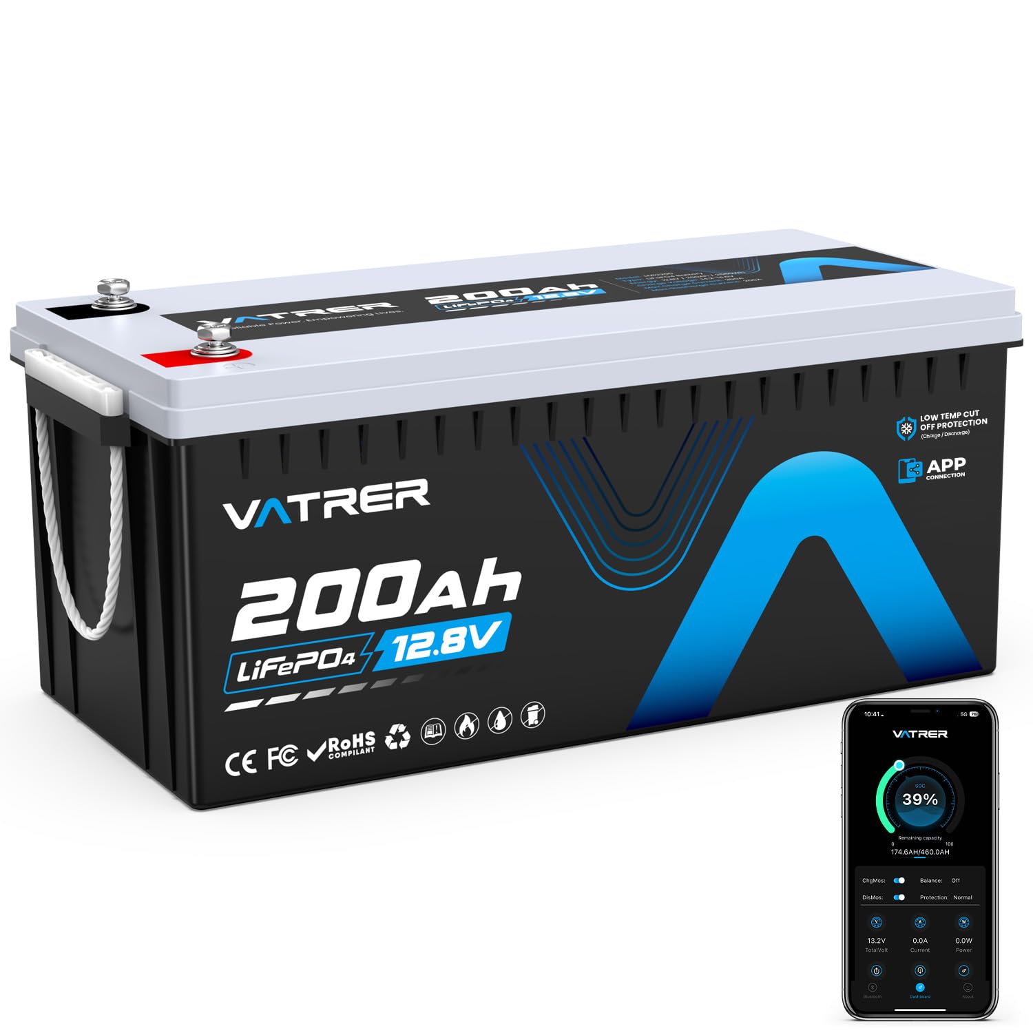 VATRER POWER LiFePO4 12V 200AH Bluetooth Lithium Batterie mit 200A BMS 5000 Zyklen Lithium Akku 2560W Abschaltschutz bei Niedriger Temperatur Perfekter für Wohnmobil, Solar & Off-Grid-Anwendungen von VATRER POWER