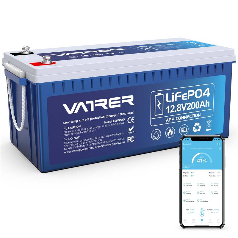 VATRER POWER LiFePO4 12V 200AH Bluetooth Lithium Batterie mit 200A BMS 5000 Zyklen Lithium Akku 2560W Abschaltschutz bei Niedriger Temperatur Perfekter für Wohnmobil, Solar & Off-Grid-Anwendungen von VATRER POWER