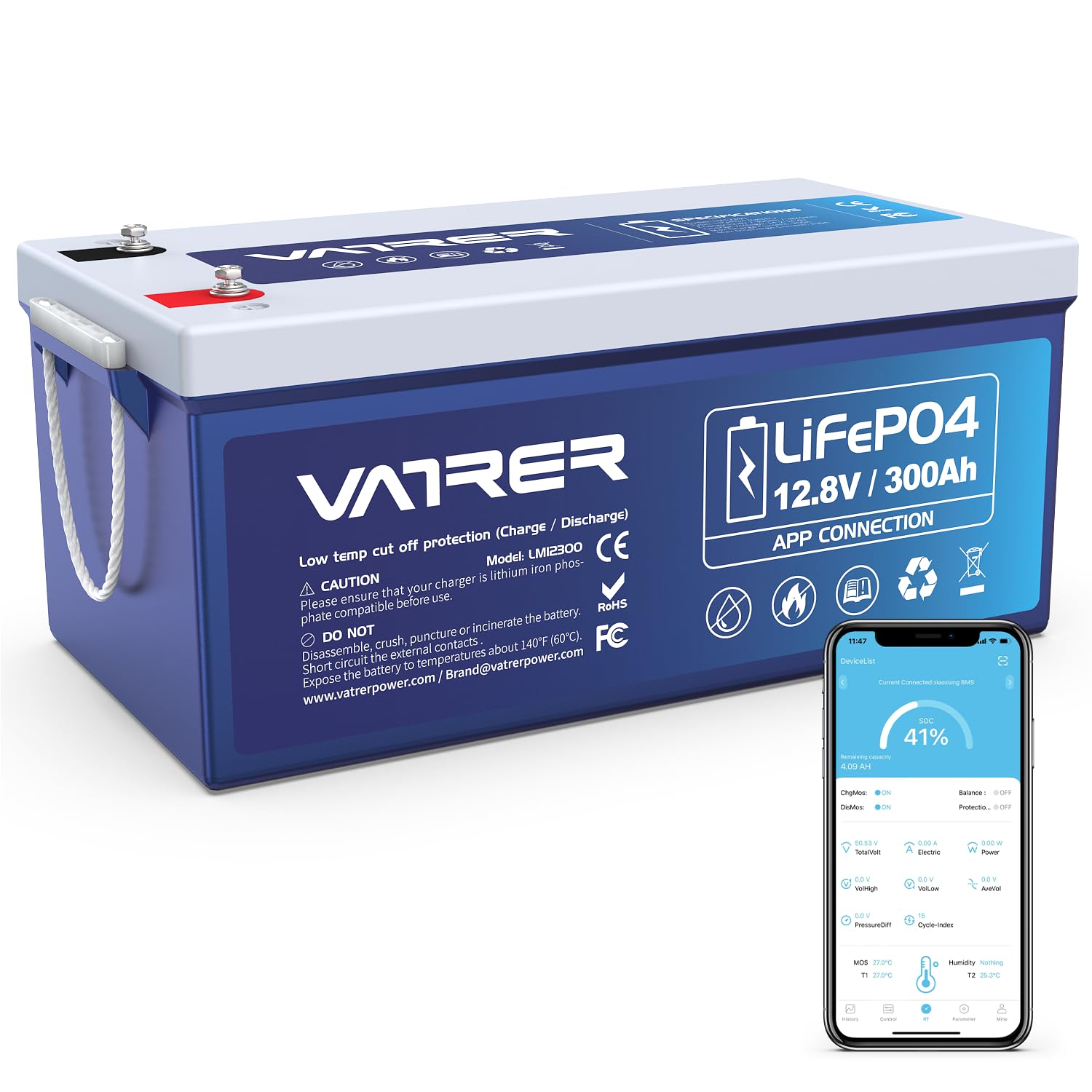 VATRER POWER LiFePO4 12V 300AH Bluetooth Lithium Batterie mit 200A BMS 5000 Zyklen Lithium Akku 3840W Abschaltschutz bei Niedriger Temperatur Perfekter für Wohnmobil, Solar & Off-Grid-Anwendungen von VATRER POWER