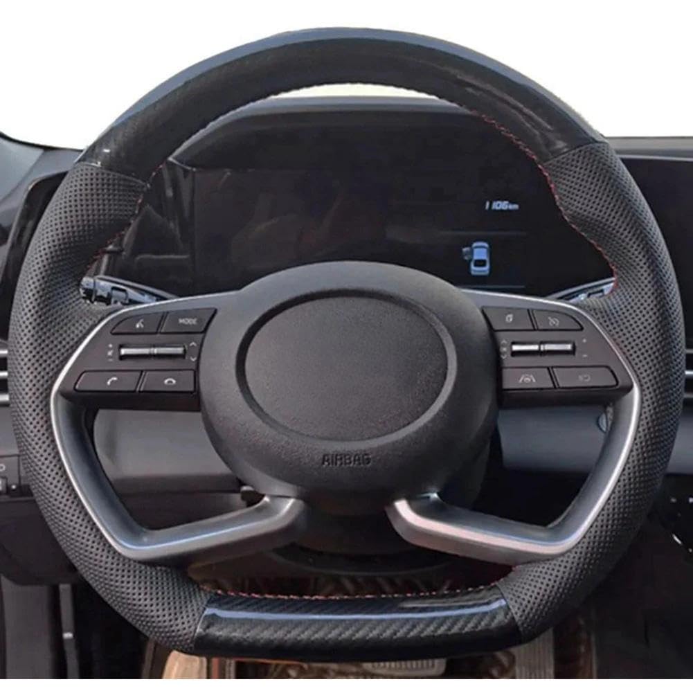 VBCXGV Handgenähte kohlenstoffschwarze Leder-Autolenkradabdeckung, für Hyundai Elantra 7. Sonata 10. von VBCXGV