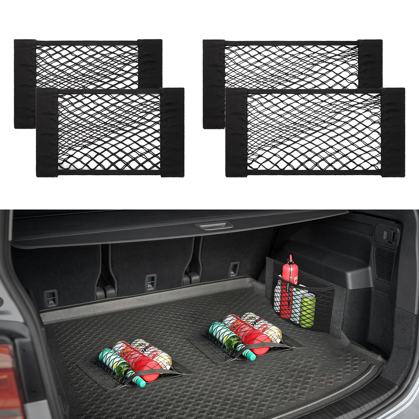 VDARK Cargo Net für SUV Auto-Organizer, Flexibles Polyester-Netz mit Klebepads, Netz-Tasche für Kofferraum Campingboot Wohnmobil, 4er Set Universal Car Luggage Net (40 cm und 50 cm) von VDARK