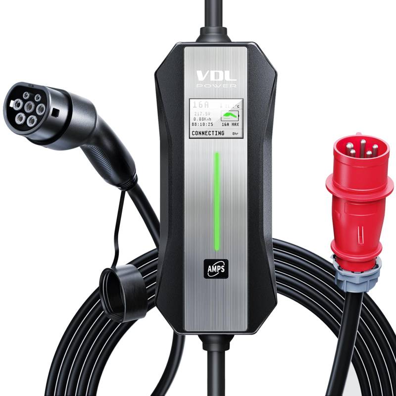 VDL POWER Tragbares EV-Ladegerät 11 kW, CEE 3 Phasing Typ 2 EV Ladekabel Schuko mit LCD für Elektrofahrzeuge, 6A-16A, Elektroauto Ladegerät für Allen Elektrofahrzeugen EV PHEV IEC 62196-2 Stecker 5M von VDL POWER