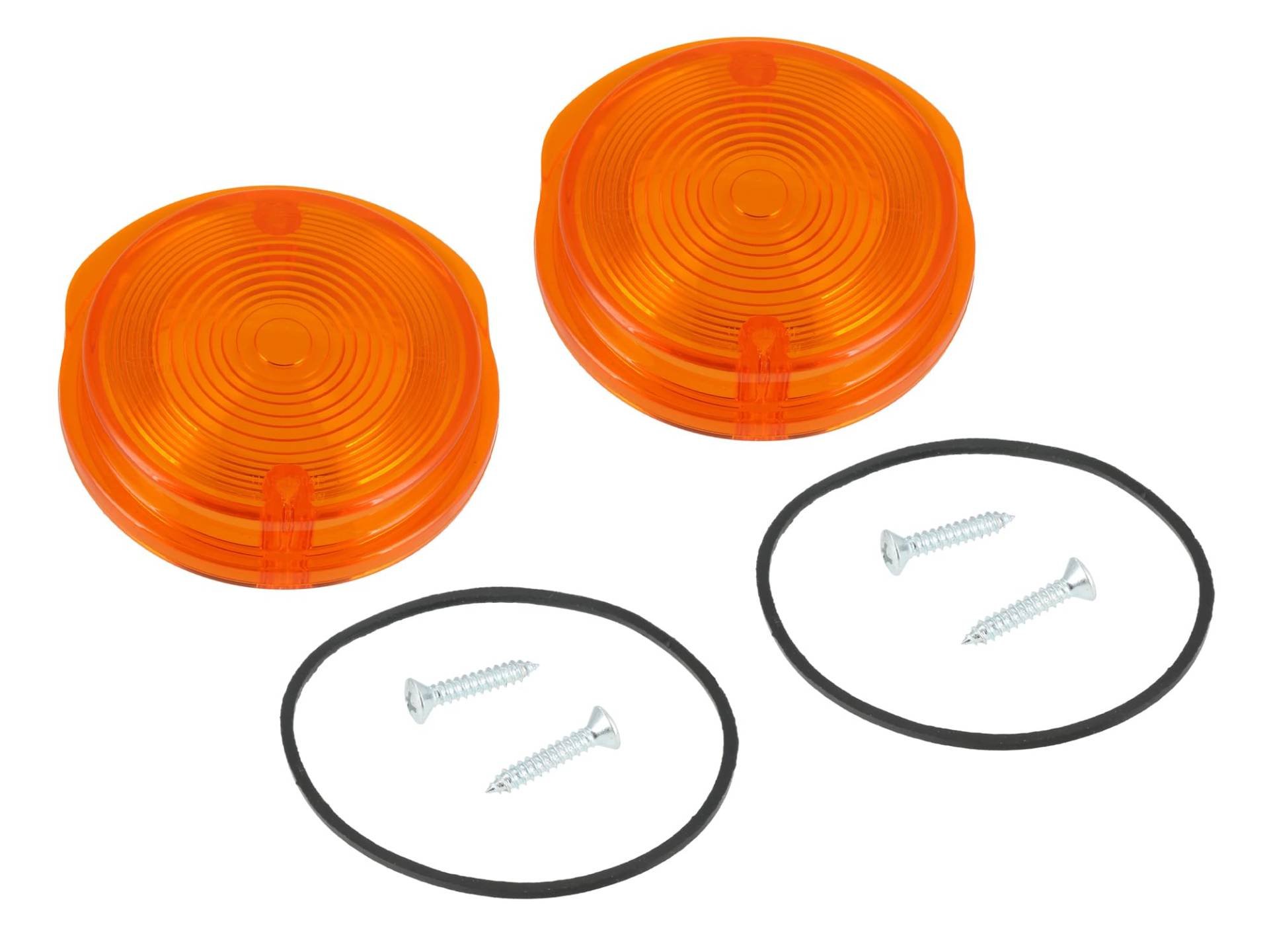 Set: 2x Blinkerkappe vorn, rund, orange inkl. Gummidichtring + Schrauben - für Simson S50, S51, S70, SR50, SR80 - MZ ETZ, TS von VEBCO