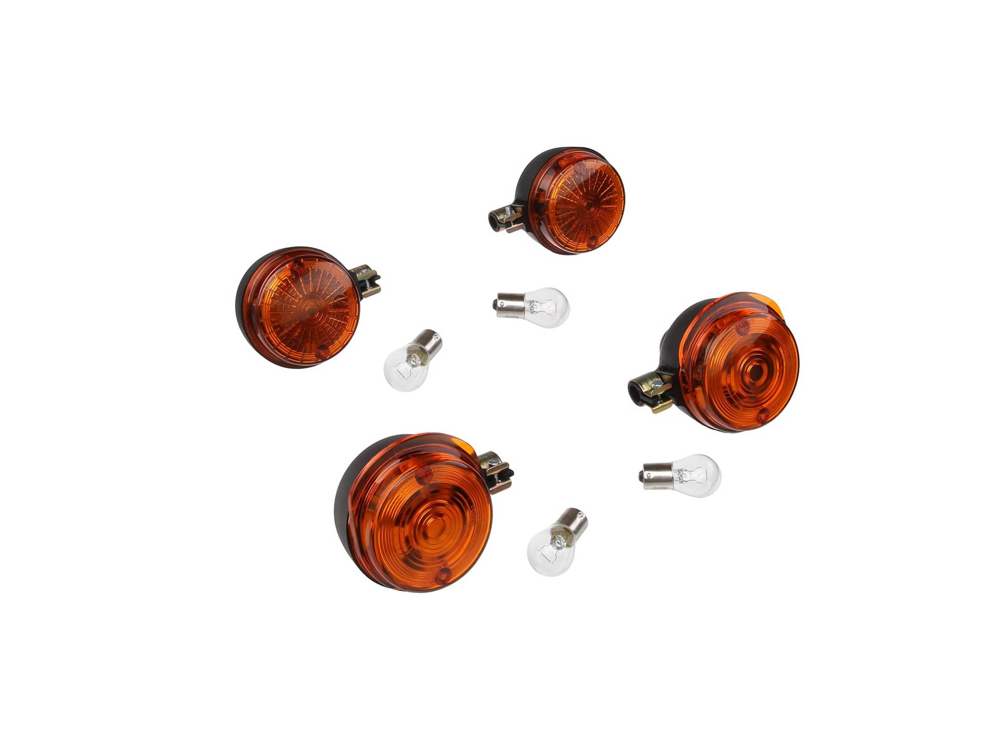 Set: 4 Blinker rund in Schwarz mit orangenem Glas + 12V Lampen - für Simson S50, S51, S70, SR50, SR80, MZ ETZ, TS von VEBCO