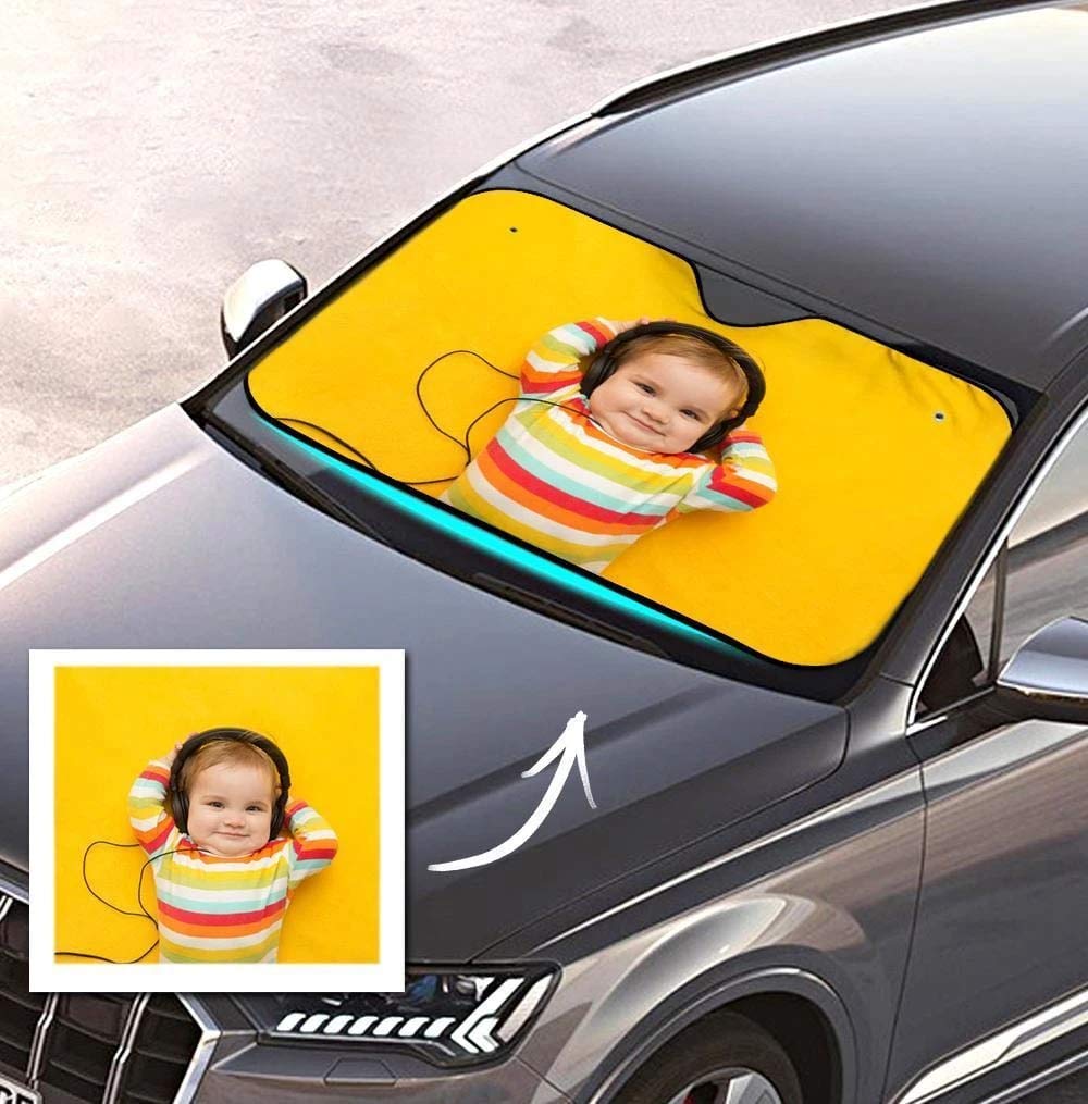 Personalisierte Frontscheibenabdeckung mit Foto Visierschutz Scheibenfrostschutz gegen Sonnen Schnee EIS Frost Universell für Autos SUV Winter Sommer Lustiges Geschenk 70 x 130 cm von VEELU