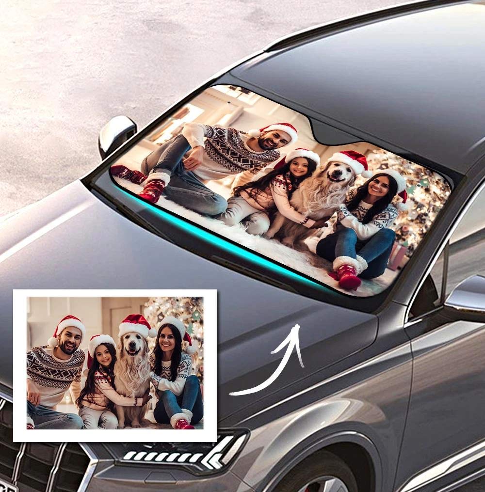 Personalisierte Frontscheibenabdeckung mit Foto Visierschutz Scheibenfrostschutz gegen Sonnen Schnee EIS Frost Universell für Autos SUV Winter Sommer Lustiges Geschenk 70 x 130 cm von VEELU