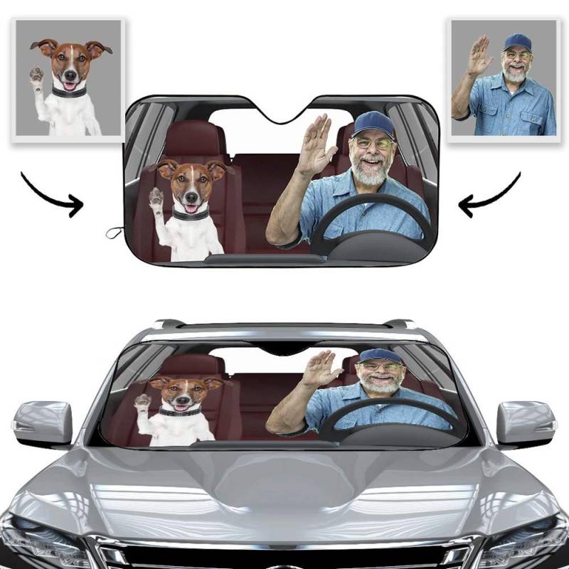 Personalisierte Frontscheibenabdeckung mit Foto Visierschutz Scheibenfrostschutz gegen Sonnen Schnee EIS Frost Universell für Autos und SUV Winter Sommer Lustiges Geschenk 76 x 140 cm von VEELU