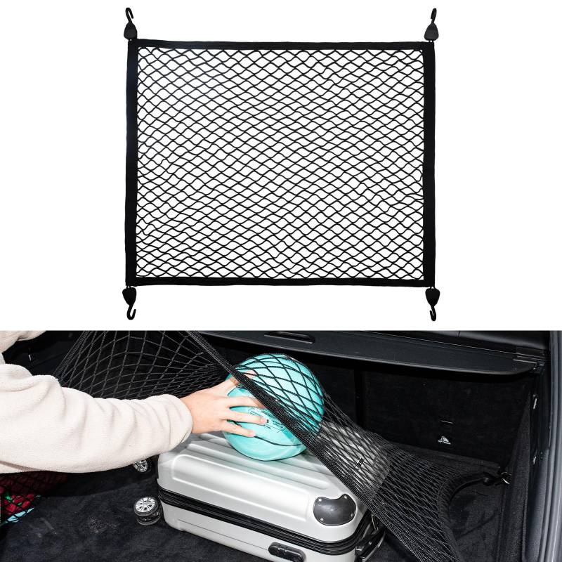 VEHIRIE Kofferraumnetz Gepäcknetz Auto, 80 x 60 cm Erstreckt Sich auf 180 x 120 cm, Universal Auto Netz mit 4 massiven Haken, Super Elastisch Kofferraum Netz Organizer, Gepäckschutznetz von VEHIRIE