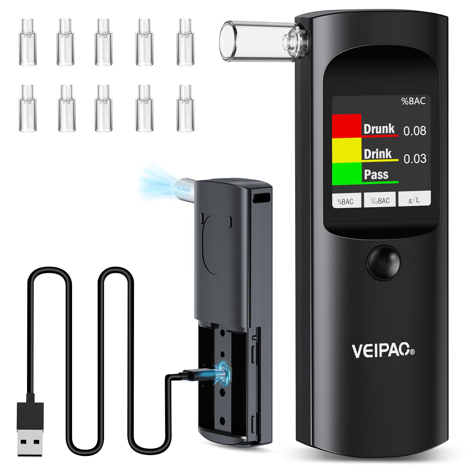 Alkoholtester Polizeigenau Alkoholtest Promillemessgerät: Tragbarer Alcohol Tester Promilletester mit 11 Mundstücken - Digitaler Alkotester Hohe Genauigkeit für Persönlichen Gebrauch Sensor - Schwarz von VEIPAO