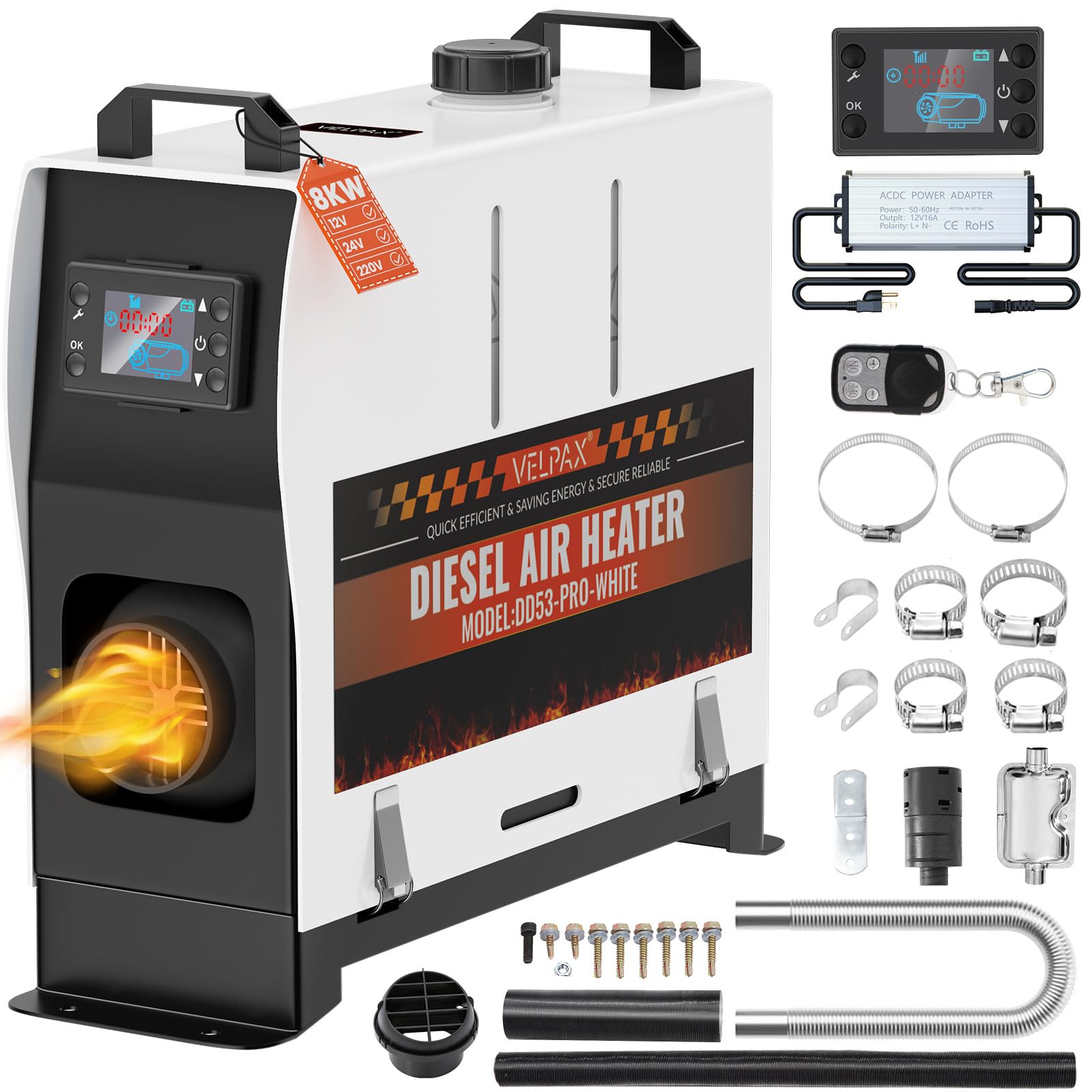 VELPAX Diesel Luftheizung All in One 8KW Dieselheizung,mit Fernbedienung & LCD-Schalterdisplay 12V & 24V & 110-240V Tragbare Dieselheizung für LKW Schnelles Aufheizen Bus,usw,RV Boote. von VELPAX