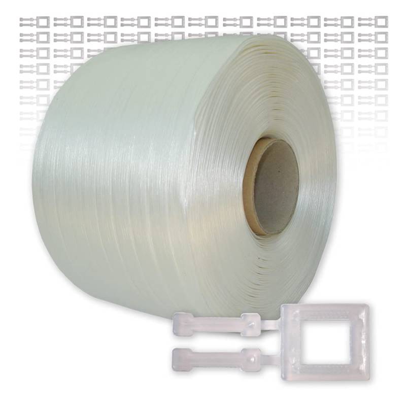 Polyester Umreifungsband 13 mm, 400 m, 60 mm Kern + 250 Kunststoffklammern 13 mm von VEMATEC